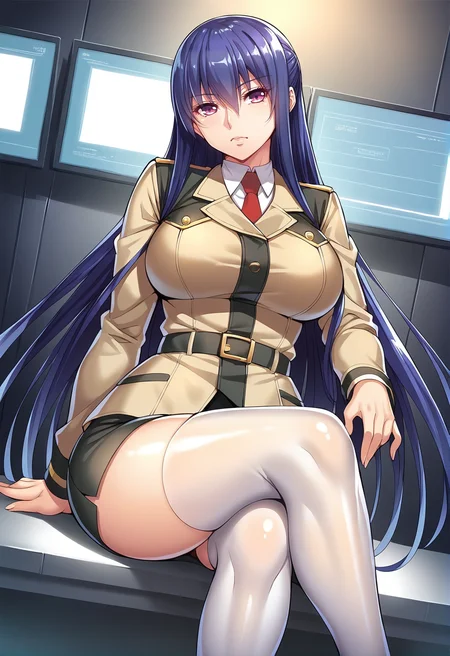 dynamic angle,,score_7_up,score_8_up,scrore_9,solo,rinko_akiyama,ra-tfr_\(beige_military_uniform\),indoor,holographic monitor,sitting,crossed legs,white thighhighs, cowboy shot, <lora:rinko_pony_V1-2-000020:0.7>