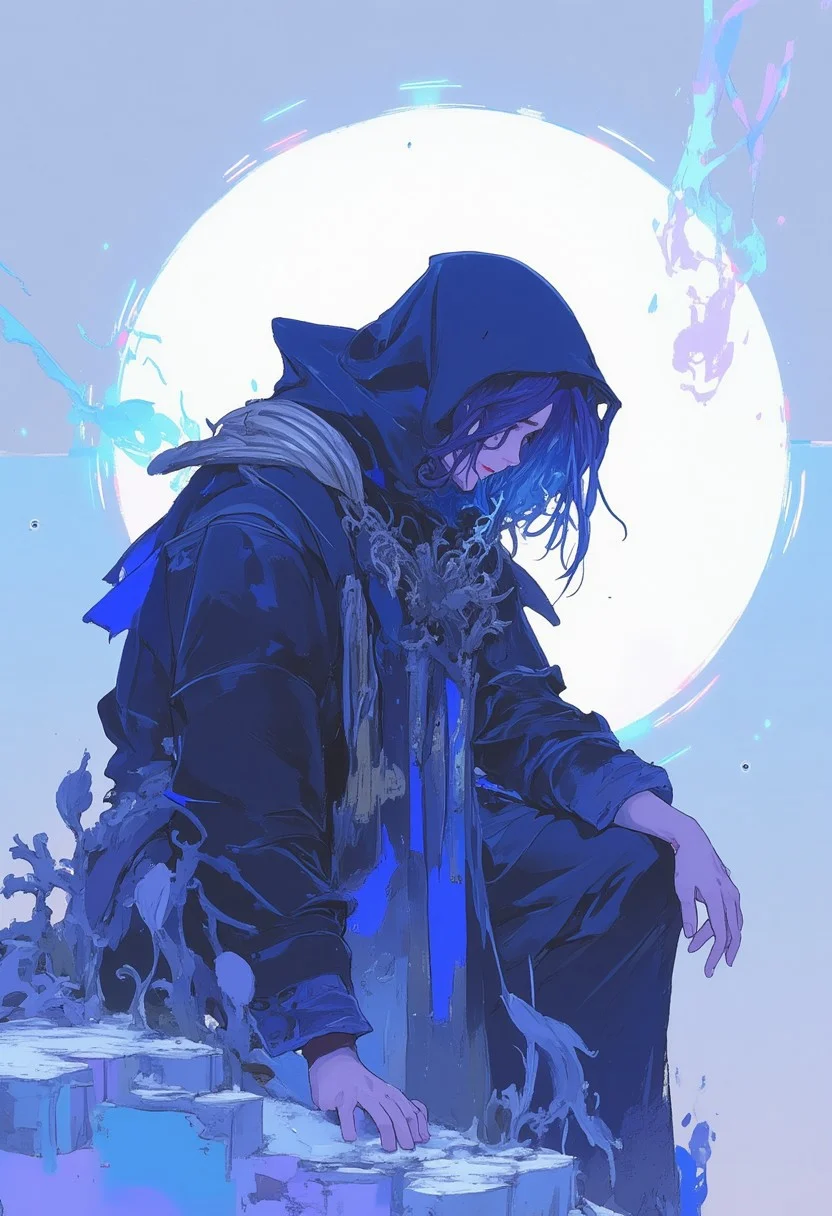 A detailed illustration of a person seated on the ground, head bowed in deep contemplation, draped in a flowing black robe with intricate folds. The background features a soft, light blue gradient, creating a dreamy, ethereal atmosphere. Surrounding the figure is a luminous white circle, adding a mystical touch. The image exudes a somber, reflective mood, with colors seamlessly blending to enhance depth and dimension. The composition is balanced with subtle shadows and a serene, otherworldly ambiance, evoking a sense of profound introspection.