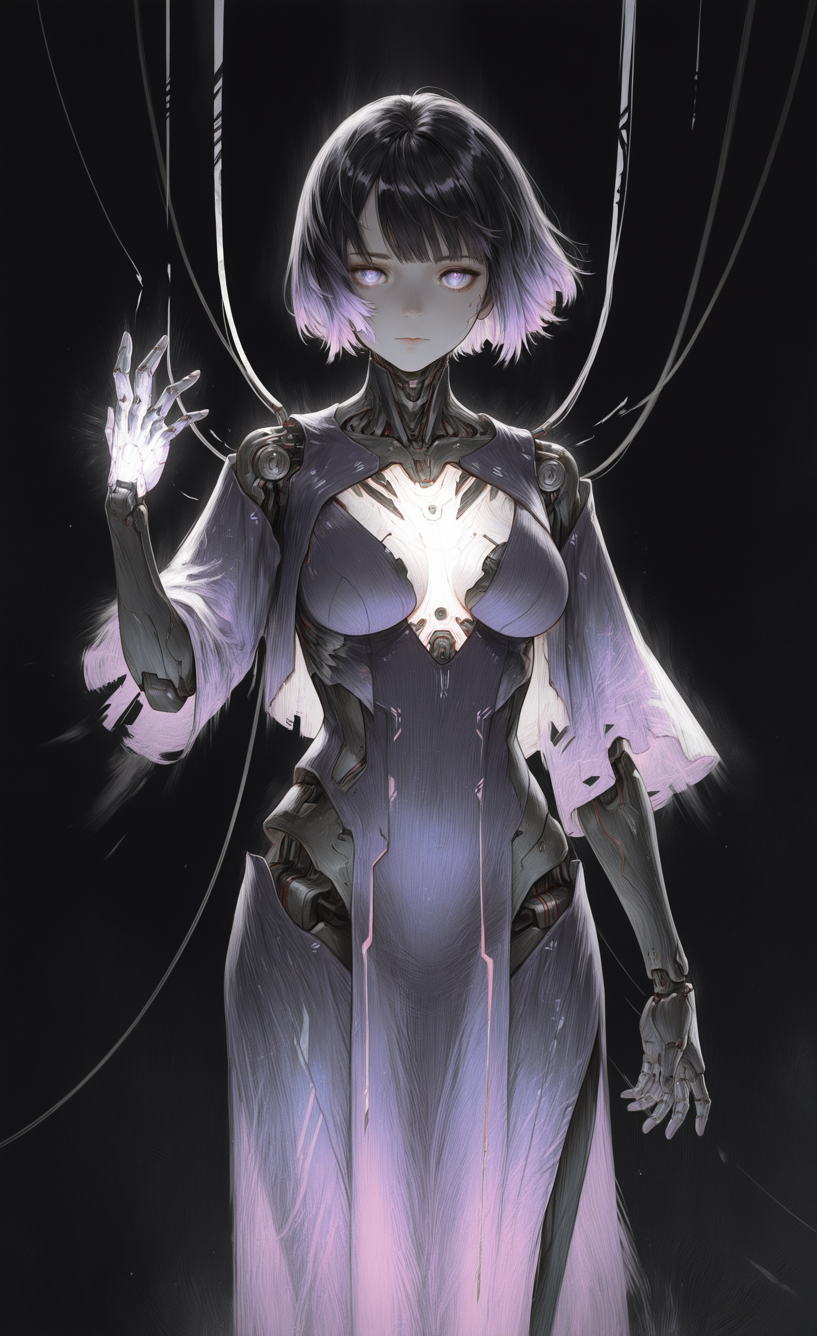 masterpiece, best quality, good quality, newest, highres, absurdres, 1girl, solo, breasts, looking at viewer, short hair, simple background, black hair, dress, closed mouth, purple eyes, purple hair, multicolored hair, cowboy shot, hand up, two-tone hair, gradient hair, glowing, black background, pelvic curtain, purple dress, science fiction, android, cable, joints, mechanical arms, cyborg, robot joints, mechanical parts, cyberpunk, Z3D, Rovina_Cai
G0zeNA_illu, abstract, surreal <lora:illustriousXL_stabilizer_v1.23:0.3> <lora:NOOB_vp1_detailer_by_volnovik_v1:0.3> <lora:ponyv6_noobE11_2_adamW-000017:0.3> <lora:G0zeNA_style:0.8> <lora:Rovina_Cai_-_MtG_Style_-_Zeds_Styles:0.7>