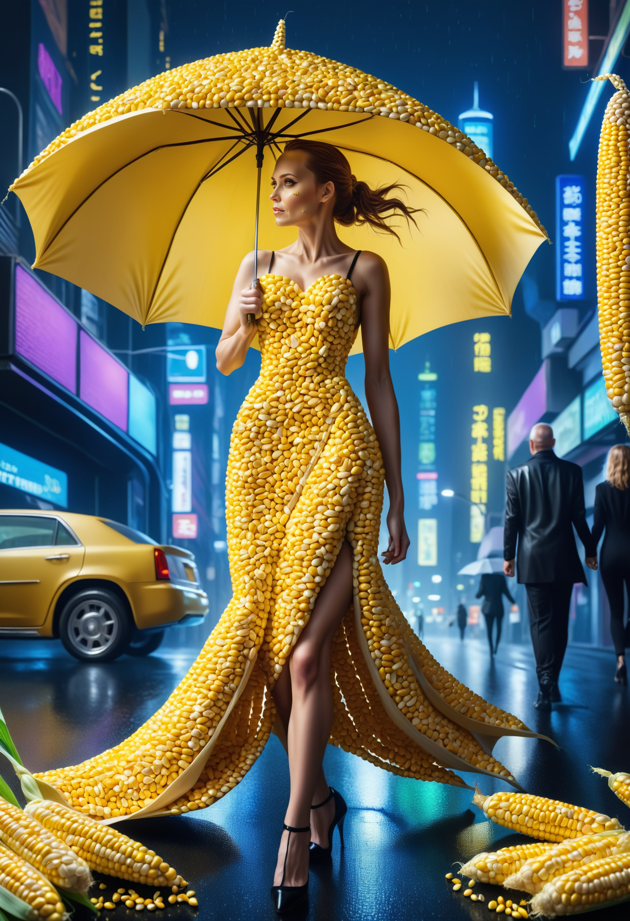 A woman with an evening dress made of corn kernels walking trough a futuristic city by night , its rainy and she holds up a an umbrella made of corn kernels , Jed-CornK    <lora:CornKernelStyle:0.7>