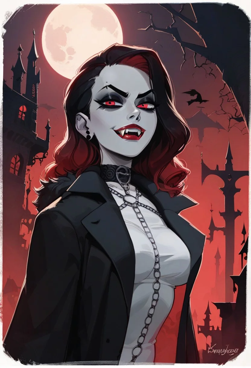 score_9, score_8_up, score_8_up, sexy woman, vampires, intricate outfit, bobcat hairstyle, black coat, fangs, smug, gothic atmosphere, crows, dark castle, outdoors, black colors, red colors, detailed background, simple shadows, flat coloring, flat shadows, thick lines, white outline,