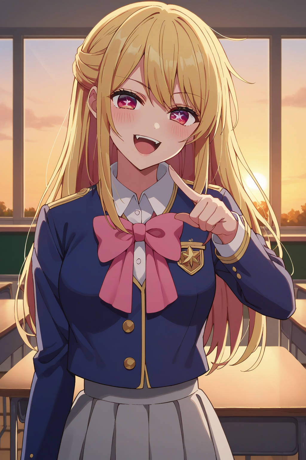score_9, score_8_up, score_7_up, source_anime, 1girl, prefect lighting, very aesthetic, intricate details, highly detailed background, masterpiece, high quality, prefect hands, best quality, solo,
<lora:Ruby_Hoshino_Oshi_No_Ko_V1:.85>, KJOruby, blonde hair, pink eyes, ((one star-shaped pupil)), long hair,
school uniform, blue jacket, long sleeves, pink bow, grey skirt,
pointing at self, smug, looking at viewer, head tilt, blush, open mouth, smirk, fang, 
classroom, sunset, window,
(Beautiful, medium Breasts:1.2), natural breasts,