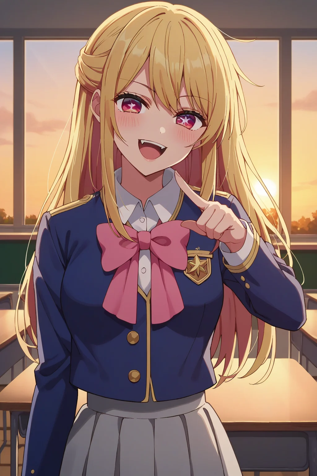 score_9, score_8_up, score_7_up, source_anime, 1girl, prefect lighting, very aesthetic, intricate details, highly detailed background, masterpiece, high quality, prefect hands, best quality, solo,
<lora:Ruby_Hoshino_Oshi_No_Ko_V1:.85>, KJOruby, blonde hair, pink eyes, ((one star-shaped pupil)), long hair,
school uniform, blue jacket, long sleeves, pink bow, grey skirt,
pointing at self, smug, looking at viewer, head tilt, blush, open mouth, smirk, fang,
classroom, sunset, window,
(Beautiful, medium Breasts:1.2), natural breasts,