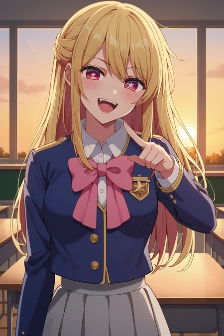 score_9, score_8_up, score_7_up, source_anime, 1girl, prefect lighting, very aesthetic, intricate details, highly detailed background, masterpiece, high quality, prefect hands, best quality, solo,
<lora:Ruby_Hoshino_Oshi_No_Ko_V1:.85>, KJOruby, blonde hair, pink eyes, ((one star-shaped pupil)), long hair,
school uniform, blue jacket, long sleeves, pink bow, grey skirt,
pointing at self, smug, looking at viewer, head tilt, blush, open mouth, smirk, fang,
classroom, sunset, window,
(Beautiful, medium Breasts:1.2), natural breasts,