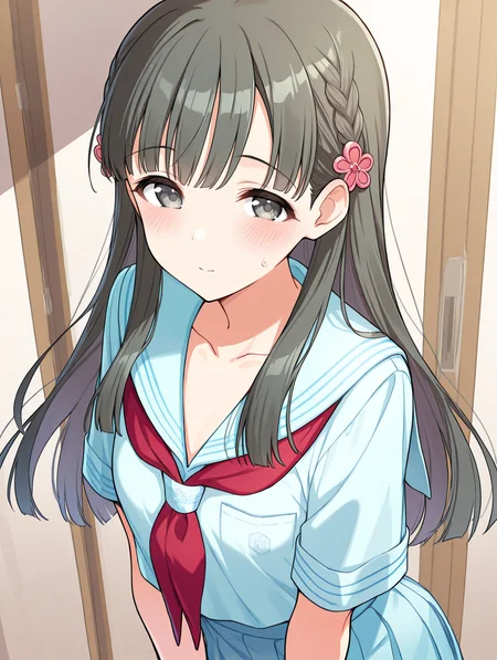 masterpiece,best quality,very aesthetic,absurdres,highres,newest,
1girl,solo,
kbykwse school,kobayakawa sae,bangs,blue skirt,blunt bangs,collarbone,flower,
grey eyes,black hair,
hair ornament,highres,long hair,
neckerchief,pleated skirt,sailor collar,school uniform,serafuku,shirt,short sleeves,skirt,white shirt,
blue sailor collar,blue serafuku,blue shirt,blush,red neckerchief,
eyebrows visible through hair,braid,
flower,hair flower,hair ornament,highres,
bangs,blunt bangs,bow,
<lora:idolmaster_kobayakawa_sae_ill_v1.0:1>,