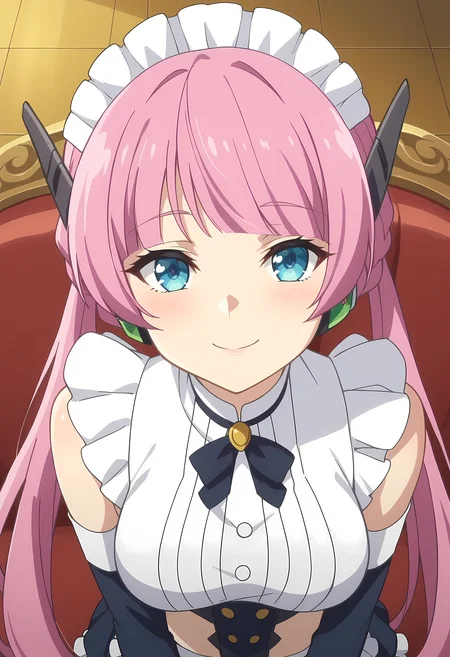 score_9, score_8_up, score_7_up, source_anime, 2d, Rose, 1girl, pink hair, long hair, twintails, blue eyes, robot earmuffs, maid hat, maid outfit, sideboobs, anime coloring, anime screencap, detailed eyes, zPDXL, perfect faces, uncensored, rating_explicit, <lora:rose_0-000023:1> kneeling, looking up, smile, looking at viewer