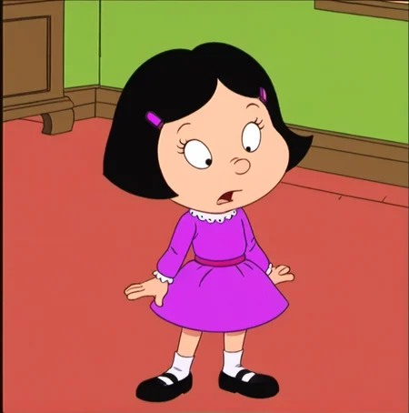 1girl, solo, Prulm, black hair, dress, short hair, parody, standing, purple dress, hair ornament, mary janes, <lora:Prulm:1>,