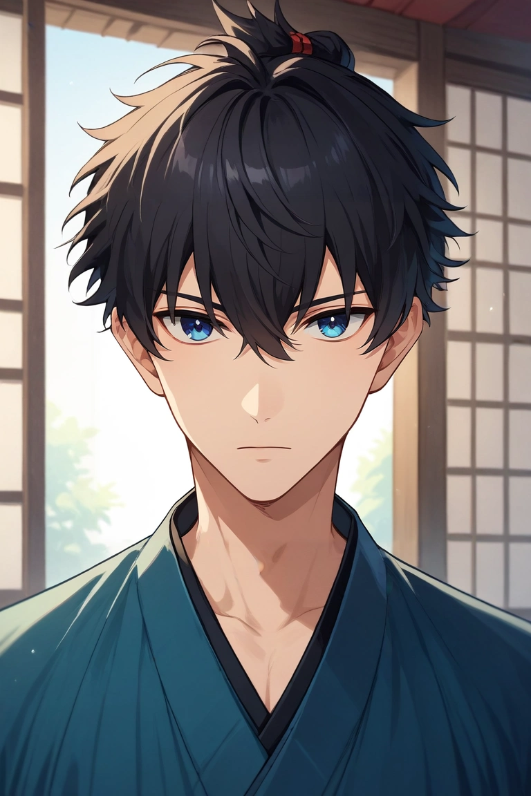score_9, score_8_up, score_7_up, , rating_safe, , , looking at viewer, , 1boy, solo, male focus, <lora:miyamoto_iori_pony:0.9>, miyamoto_iori, black hair, blue eyes, short hair, bangs, hair between eyes, topknot, blue kimono, , ,, <lora:sdxl_lightning_8step_lora:1>