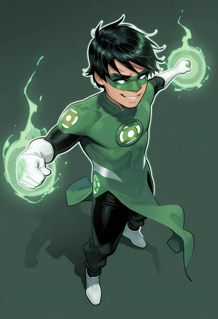 masterpiece, absurdres, high quality, perfect anatomy, 1boy, solo, cute boy, male focus, TaiPham, Black Hair, Green Lantern Ring, Green Lantern Costume, Green and Black Bodysuit, Green Domino Mask, White Eyes, White Gloves, Pelvic Curtain, Black Pants, White Shoes, Glowing Green Outline, Green Energy Aura, floating, levitating, big smile, cinematic, intricately detailed illustration, depth of field, masterpiece, best quality, amazing quality, very aesthetic, absurdres, newest, very awa,  shadow, dynamic angle, casual cosplay, dynamic pose, simple background, green theme
