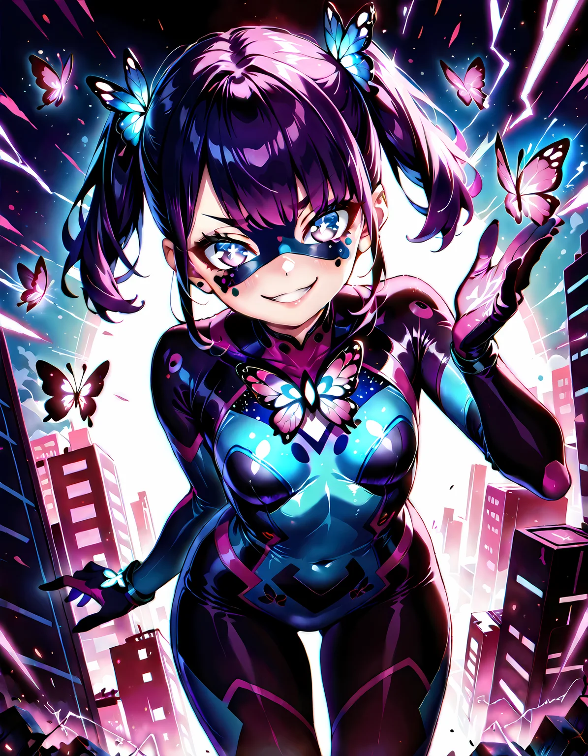 glowing dark violet butterflies, ladybugg, cute, 1girl, solo, face focus, dynamic angle, butterfly above open hand, black with violet dots bodysuit, masterpiece, best quality, ladybugg, violet eyes, short blue twintails, ( embedding:OverallDetailXL:0.3 ), (domino mask, superhero mask):1.5, ruined city, lightning storm, chaos, evil smile, mesugaki, leaning forward, naughty face (embedding:fhanddetailxl:0.3 ), violet gloves, detailed hands,,<lora:ladybugg.safetensors:1.0:1.0> <lora:Manga_Action_Shot.safetensors:0.3:1.0> <lora:mesugaki_Pony_v1.safetensors:0.5:1.0>