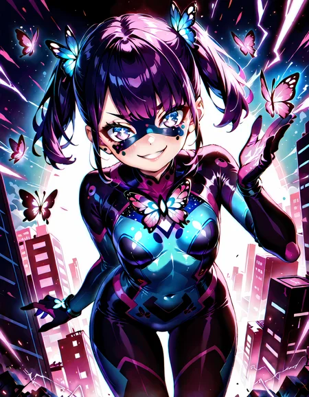glowing dark violet butterflies, ladybugg, cute, 1girl, solo, face focus, dynamic angle, butterfly above open hand, black with violet dots bodysuit, masterpiece, best quality, ladybugg, violet eyes, short blue twintails, ( embedding:OverallDetailXL:0.3 ), (domino mask, superhero mask):1.5, ruined city, lightning storm, chaos, evil smile, mesugaki, leaning forward, naughty face (embedding:fhanddetailxl:0.3 ), violet gloves, detailed hands,,<lora:ladybugg.safetensors:1.0:1.0> <lora:Manga_Action_Shot.safetensors:0.3:1.0> <lora:mesugaki_Pony_v1.safetensors:0.5:1.0>