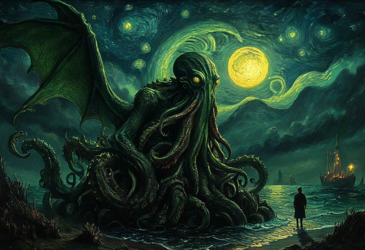 (epic fantasy scene), van gogh style, max detailed, sharp, night, surreal, dark fantasy, cinematic colors, cinematic light, best quality, masterpiece, detailxl, midjourneyv6.1
cthulhu, cthulhu in the background