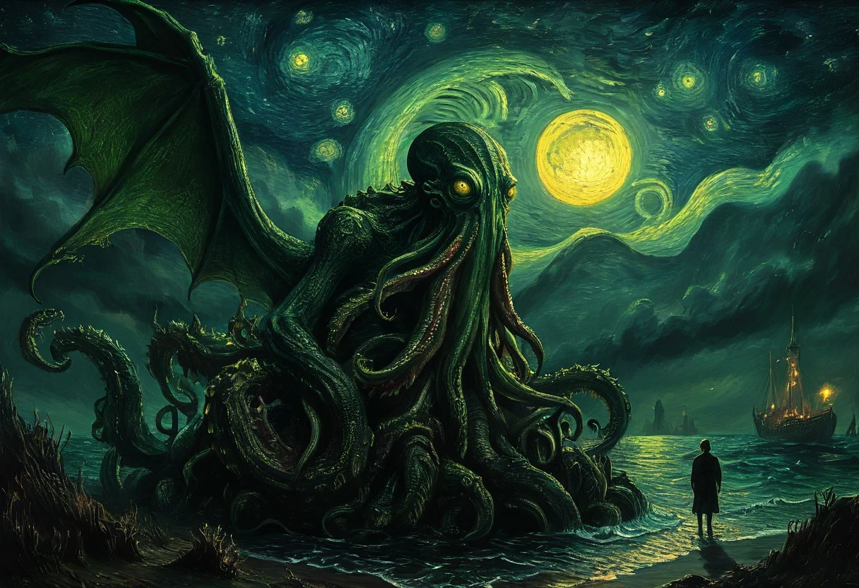 (epic fantasy scene), van gogh style, max detailed, sharp, night, surreal, dark fantasy, cinematic colors, cinematic light, best quality, masterpiece, detailxl, midjourneyv6.1
cthulhu, cthulhu in the background