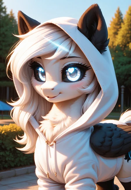 score_9, score_8_up, score_7_up, score_pony, zPDXL3, fluffy, masterpiece, best quality, ultra-detailed, 8K UHD, cinematic lighting, hyper realistic shading, volumetric light, high contrast, HDR, depth of field, intricate textures, finely detailed fur, blush, 
BREAK
Albina, 1girl, wild pony, pony, white fur, (white long hair:1.2), black sclera, white eye, (glowing white eyes:1.4), (black wings:1.1), (black ears:1.1), in hoodie, stockings, cute, dynamic pose, dynamic angle,
BREAK 
(masterpiece:1.3), (best quality:1.3), (highly detailed:1.3), (ultra-detailed face:1.4), (sharp expressive eyes:1.3), (perfect anatomy:1.2), (realistic lighting:1.2), (dynamic shadows:1.1), (hyper-detailed fur texture:1.4), (soft lighting:1.3), (Unreal Engine 5 render style:1.3), (cinematic depth of field:1.2), (4k resolution), (beautifully color graded:1.1), (smooth shading), (glowing highlights:1.2), (crispy lineart)