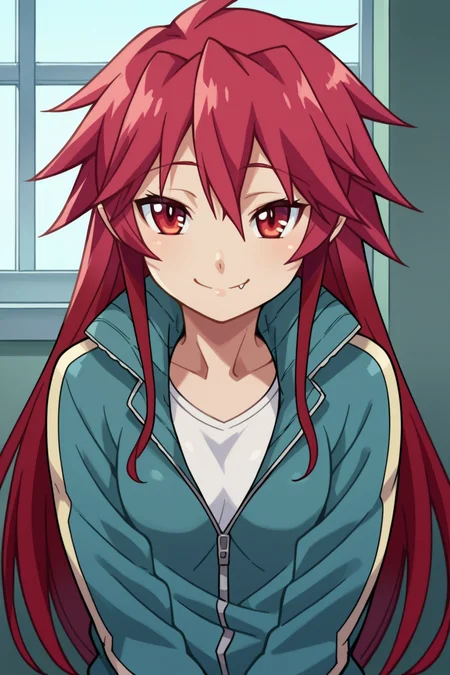 score_9, score_8_up, score_7_up, source_anime, <lora:Mari_Setagaya_epoch_13:1>, 1girl, solo,
mari setagaya, human-form, 1girl, solo, long hair, looking at viewer, smile, shirt, red eyes, red hair, fang,
track jacket, indoors,