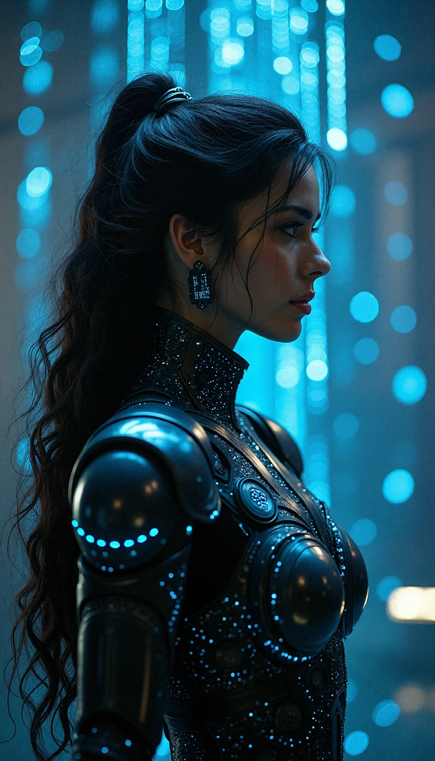 A dark-haired female warrior in intricately detailed black armor stands in a futuristic environment. Her armor is infused with glowing, blue circuitry, seamlessly blending with her natural form. The background features a complex network of floating holographic circuits, casting an ethereal blue glow. The lighting captures the metallic sheen of her armor and the luminous patterns, creating a photorealistic, dynamic scene.