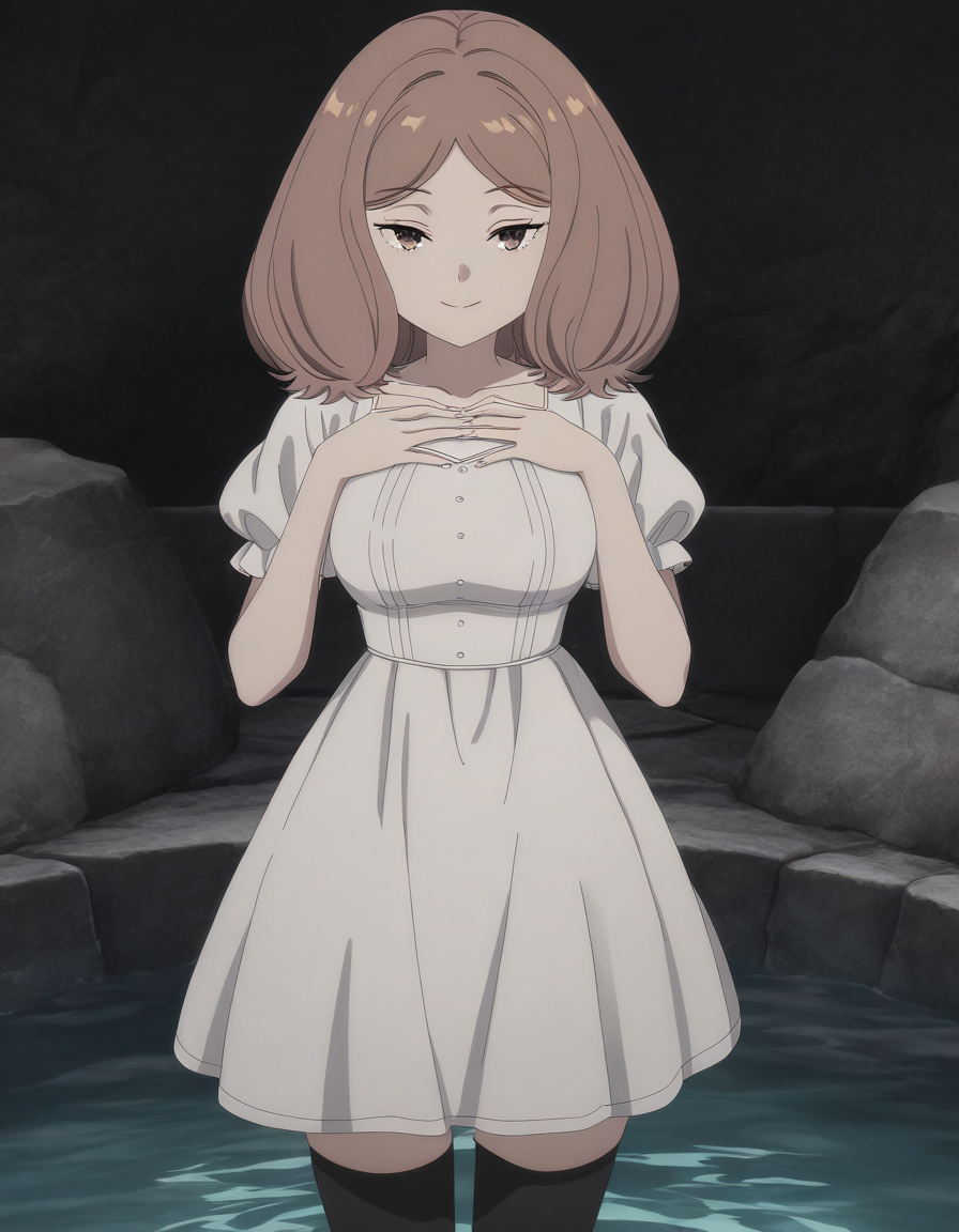 masterpiece, best quality, newest, absurdres, highres, safe,, <lora:mage-edel-s1-illustriousxl-lora-nochekaiser:1>, edel, brown hair, brown eyes, medium hair, medium breasts, anime screencap, thighhighs, dress, black thighhighs, white dress, short sleeves, puffy sleeves, puffy short sleeves, well, water, stone, old, deep, smile, hands on own chest, looking at viewer, solo,, cowboy shot, solo