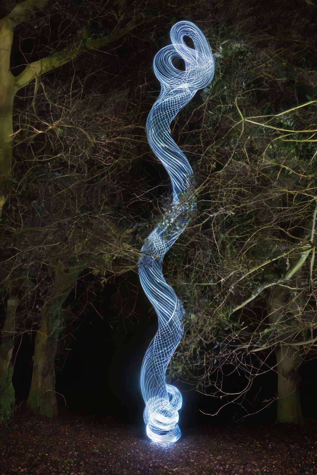 <lora:Photographer Martin Kimbell Style:1>Photographer Martin Kimbell Style - a light painting of a tree in the dark with a light painting of a snake on it's trunk