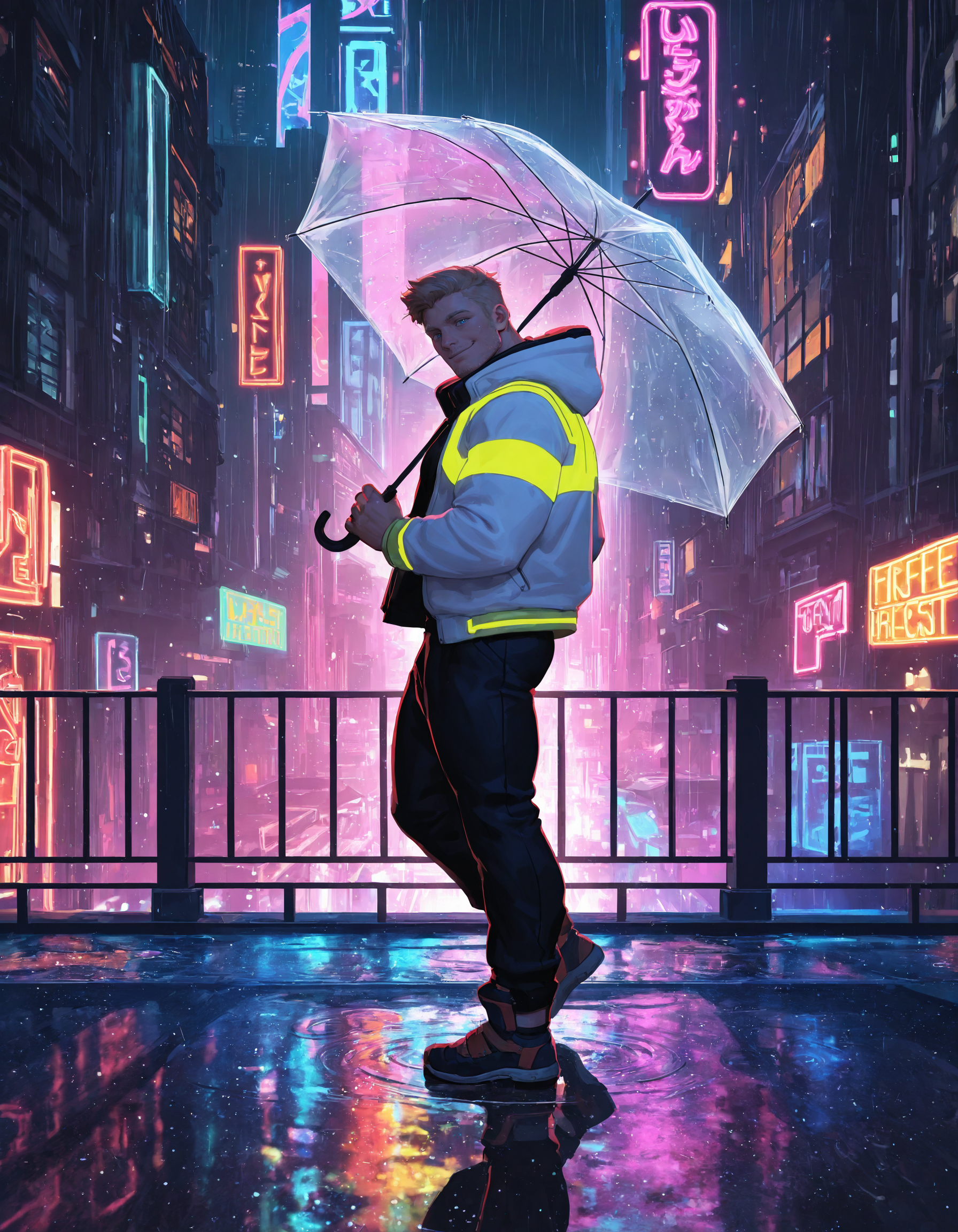 1boy, male focus, bara, muscular, blue eyes, light brown hair, mature male, stubble, white hoodie, hood down, yellow cyberpunk jacket, black pants, cyberpunk night city, neon signs, fantasy, scifi, futuristic cityscape, raining, holding transparent umbrella, side view, dynamic, neon lighting, urban, backlighting, railing, rooftop, buildings, skyscrapers, colorful theme, vibrant, cinematic, chiaroscuro, puddle, reflection, light particles, light flare, looking at viewer, smile, very awa, masterpiece, best quality, absurdres, newest, perfect quality, detailed background, intricate details, (96yottea:0.9), (artist:penguin_frontier:0.7), (jinhallz:0.5)