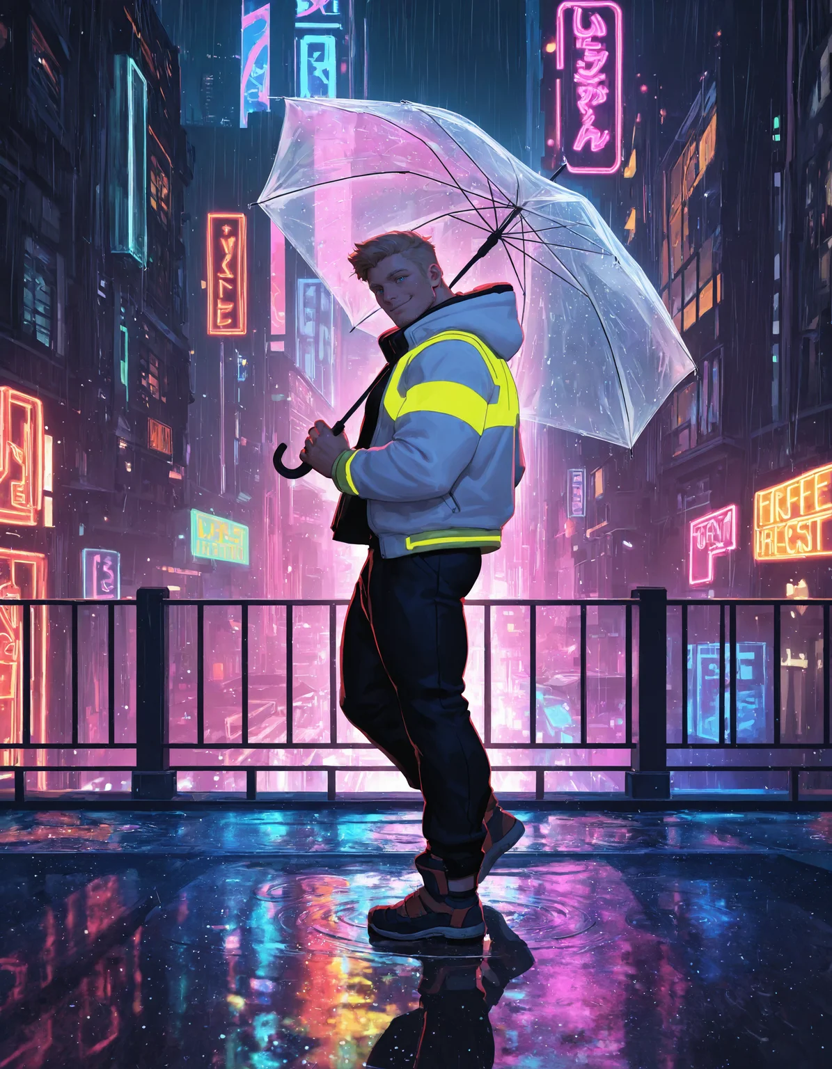 1boy, male focus, bara, muscular, blue eyes, light brown hair, mature male, stubble, white hoodie, hood down, yellow cyberpunk jacket, black pants, cyberpunk night city, neon signs, fantasy, scifi, futuristic cityscape, raining, holding transparent umbrella, side view, dynamic, neon lighting, urban, backlighting, railing, rooftop, buildings, skyscrapers, colorful theme, vibrant, cinematic, chiaroscuro, puddle, reflection, light particles, light flare, looking at viewer, smile, very awa, masterpiece, best quality, absurdres, newest, perfect quality, detailed background, intricate details, (96yottea:0.9), (artist:penguin_frontier:0.7), (jinhallz:0.5)
