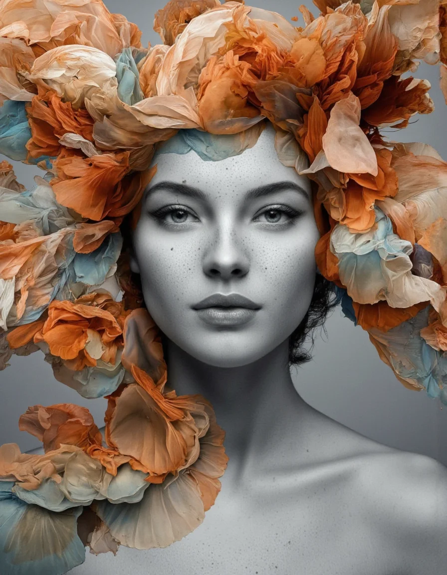Art by Juan Brufal.
A high-resolution, highly detailed photograph of a young woman with fair, porcelain skin and striking, piercing blue eyes. She has a delicate, almost ethereal appearance, with a scattering of freckles across her cheeks and nose. Her hair is hidden beneath an elaborate, voluminous, and ethereal arrangement of orange and light blue translucent fabrics that resemble a large, ornate headdress. The fabrics are layered and draped around her head, creating a surreal, almost otherworldly effect.