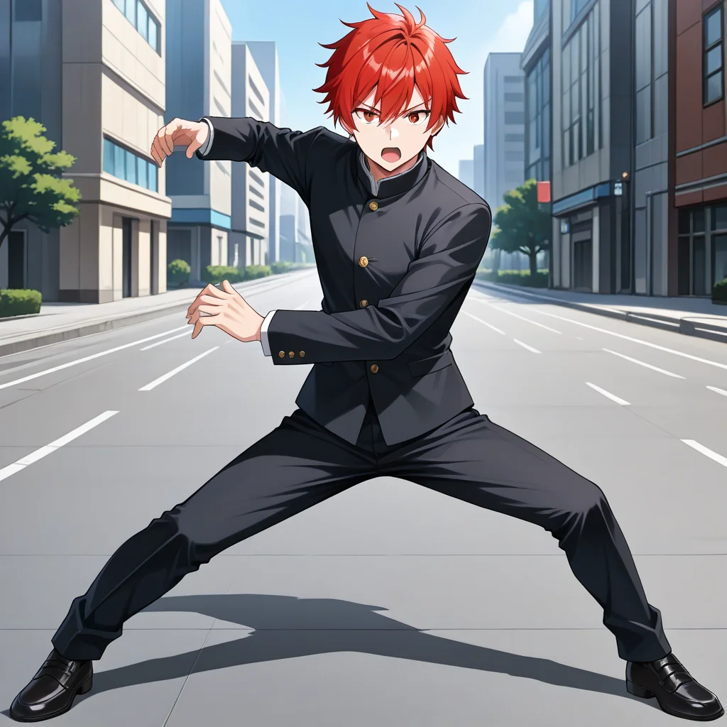 masterpiece, best quality, ultra-detailed, absurdres, newest, 2d, anime_screencap, 1boy, solo, red hair, gakuran, ryukifinalvent, dynamic pose, legs apart, looking at viewer, open mouth, serious, outdoors, urban, full body,