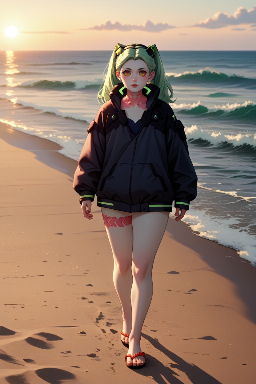 score_9, score_8_up, score_7_up, score_6_up
<lora:ERRebecca:1.0>
ERRebecca, 1girl, green hair, twin tails, red pupils, colored sclera, white skin, red tattoo, looking at viewer, walking barefoot on a sandy beach, holding sandals in one hand, waves gently lapping at the shore, vibrant sunset with pink and orange hues, relaxed and contemplative atmosphere