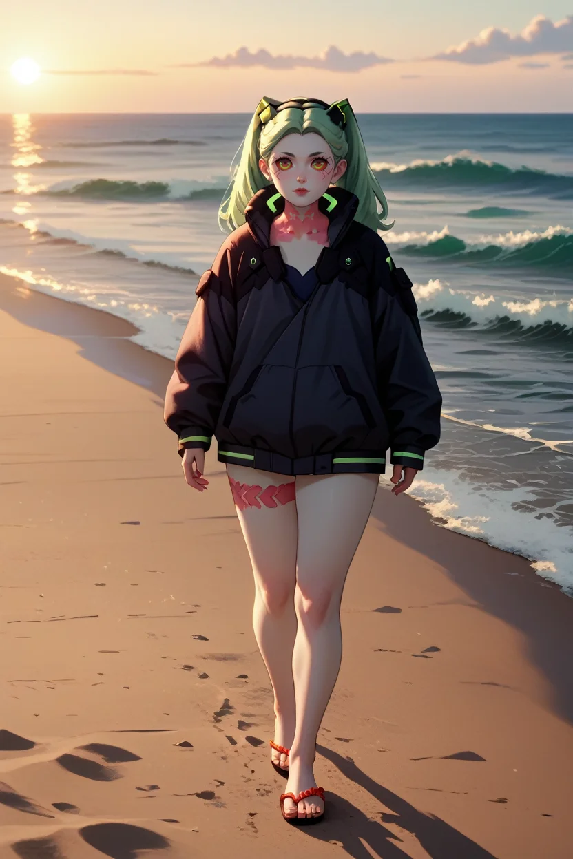score_9, score_8_up, score_7_up, score_6_up
<lora:ERRebecca:1.0>
ERRebecca, 1girl, green hair, twin tails, red pupils, colored sclera, white skin, red tattoo, looking at viewer, walking barefoot on a sandy beach, holding sandals in one hand, waves gently lapping at the shore, vibrant sunset with pink and orange hues, relaxed and contemplative atmosphere