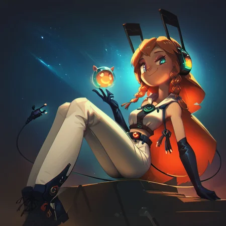 score_9, score_8_up, score_7_up, score_5_up, 28y old girl, pale skin, tall girl, long (((thick))) neck, long legs, (sitting), astronaut engineer, gradient brass to copper, heavy visor robot eye on one eye, two eyes, oversize long thick darkcopper skirt, ((engineer gloves)), taped long skirt above legs, heavy utility tools belts hanging, champion belt with huge buckle with many toolboxes, oversize hoodie on back, red thick rubber oversize hood on the back top, open helmet, covered ears, light plate space armor, heavy backpack, covered neck with radio, microphone from headset to mouth, thick black wires around, ((oversize)) thick glass bubble helmet transparent, mecha long winglike antennas above helmet, square oversize glasses, white rubber heavy sneakers, white long socks, translucent slime boy, (((black thick and long wire tail))), beautiful eyes, (((detailed eyes, detailed face))), (smug), (((long)) (tape) (striped) hairstyle with this single ((large)) (((very long))) taaped braid, soft shading, 8k, masterpiece, face and waist close-up shot, dark space background,