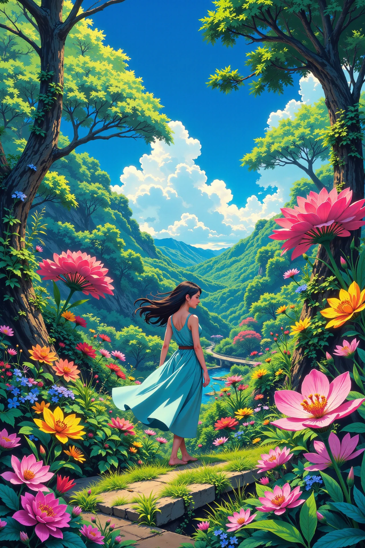 botanical garden beautiful  landscape, wind, woman, very intricate, very detailed, sharp, bright, colorful, <lora:Hand v2:0.5> <lora:Anti-Blur:1><lora:Insane Detail Slider:0.25>  <lora:flux.1_lora_flyway_Epic-detail_v2:0.3> <lora:fluxenhancer:0.25> <lora:ROWER:0.8>  <lora:Anime_style:0.6> anime style