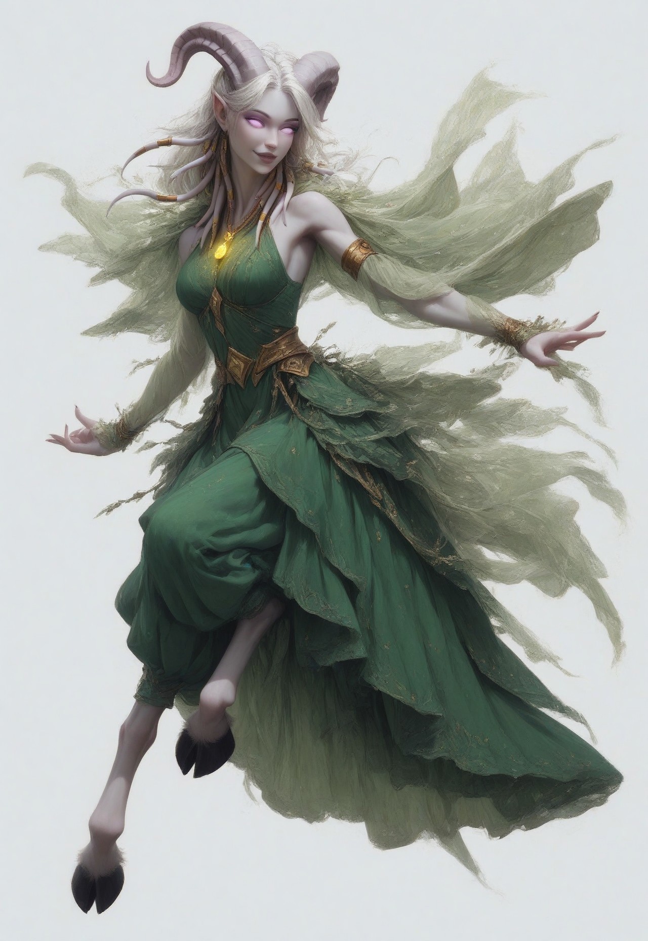 (absurdres, highres, best quality, masterpiece:1.4), 
score_9, score_8_up, score_7_up, score_6_up, 
detailed, 
detailed body, 
detailed face, 

(culDraenei, 
female, 
purple eyes, 
no sclera, 
no pupils, 
athletic, 
tall, 
slim, 
pale skin,
grey skin, 
long ears),

loose long green dress,  
yellow pendant, 
sleeveless, 

cheerful, 
(((full body))), 
posing, 
floating, 

(((white background, plain background))), 
(((no objects in background)))