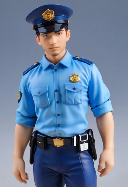score_9, score_8_up, score_7_up, score_6_up, solo male, adult, mature, masculine, manly, handsome, charming, alluring, standing, upper body, dutch angle, cowboy shot, asian man, black hair, short hair, (facial hair, stubble), clothing focus, HannekenJpPcSm, male Japanese Summer Police Uniform, (light-blue collared shirt, rank slides), dark blue pants, Japanese police emblem, (Japanese police peaked cap), hip holster, Walkie-Talkie, black shoes, perfect anatomy, perfect proportions, best quality, masterpiece, high_resolution, high quality, best quality, best aesthetic, absurdres, male focus