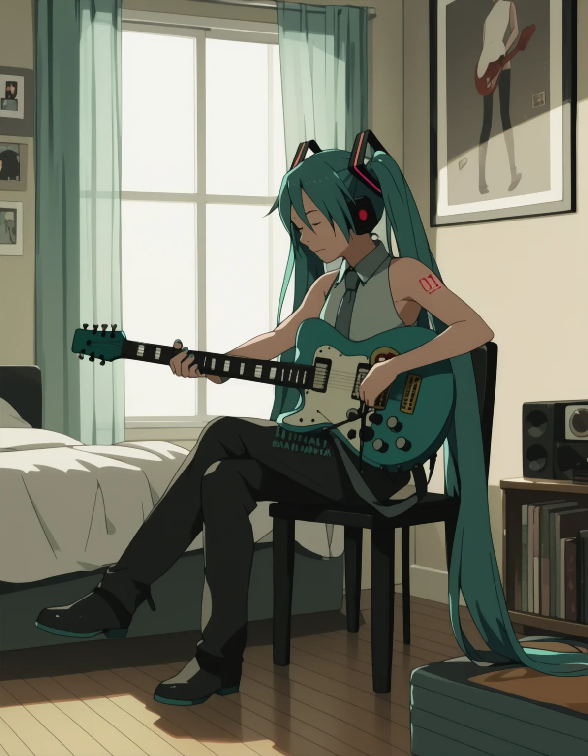 score_9, score_8_up, score_7_up, <lora:izumi-maho-prodigy-ponyxl-000008:1> 1girl, hatsune miku, sleeveless, bedroom, sitting, closed eyes, chair, guitar