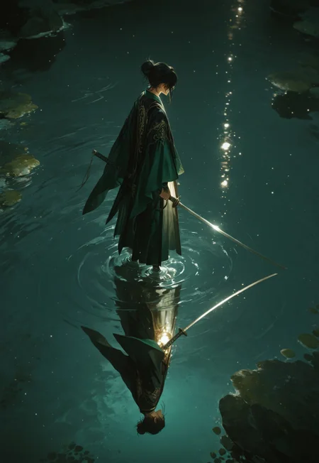 aetrnm2, weapon, sword, solo, 1boy, water, male focus, wading, holding sword, katana, holding, japanese clothes, holding weapon, standing, reflection, ripples, single hair bun, glowing, night, black hair, light particles, dynamic, kodachrome, masterpiece, best quality, highest quality, aesthetics, newest, 4k