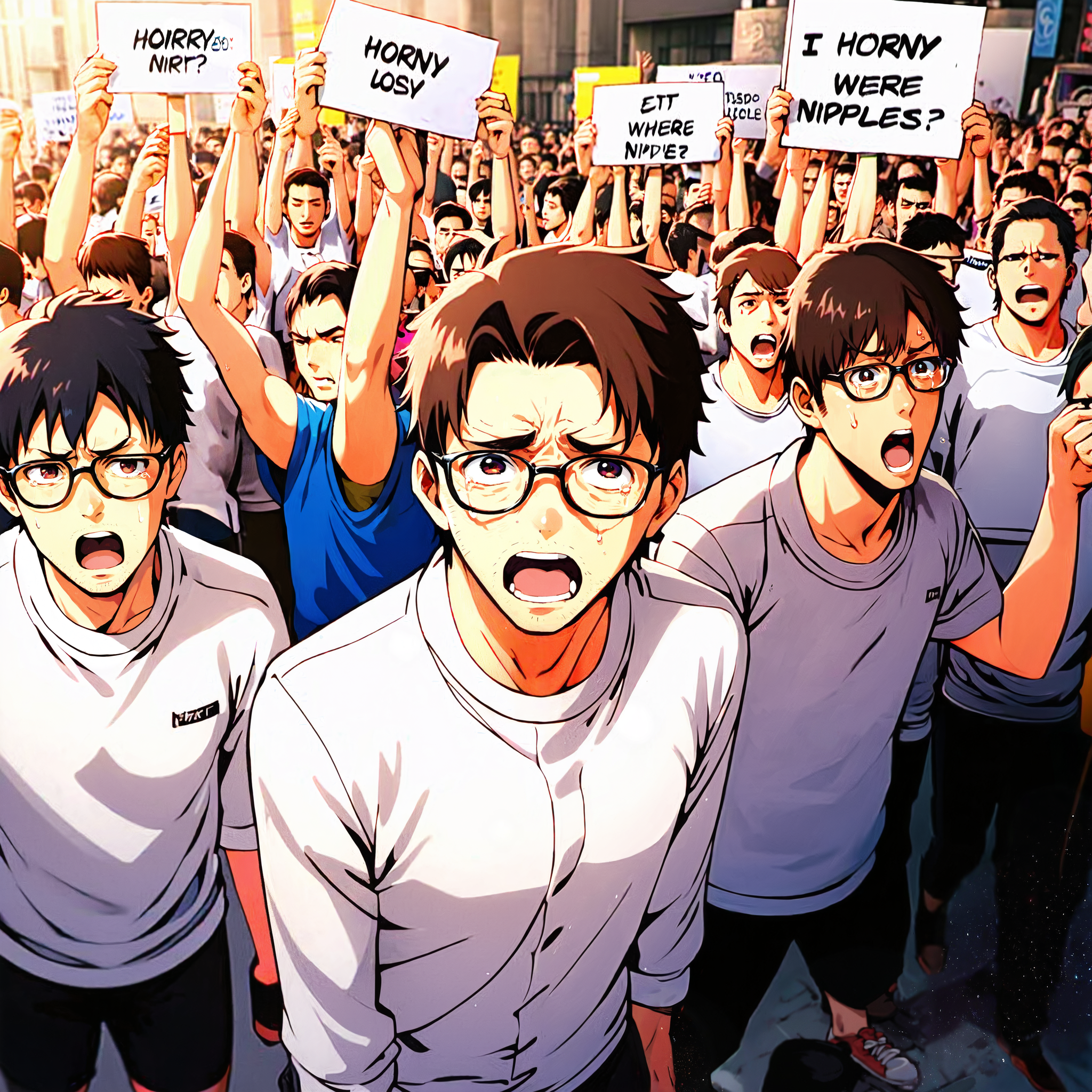 score_9, score_8_up, score_7_up, best quality,masterpiece,(source_anime:1.2), 1 man, geek,"HORNY" TEXT wearing glasses, yelling, (crying:0.8), eyes closed, fat,  angry, (depth of field, blurry:1.2), shoes