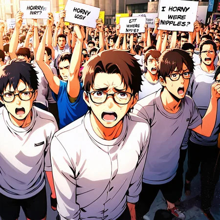 score_9, score_8_up, score_7_up, best quality,masterpiece,(source_anime:1.2), 1 man, geek,"HORNY" TEXT wearing glasses, yelling, (crying:0.8), eyes closed, fat,  angry, (depth of field, blurry:1.2), shoes