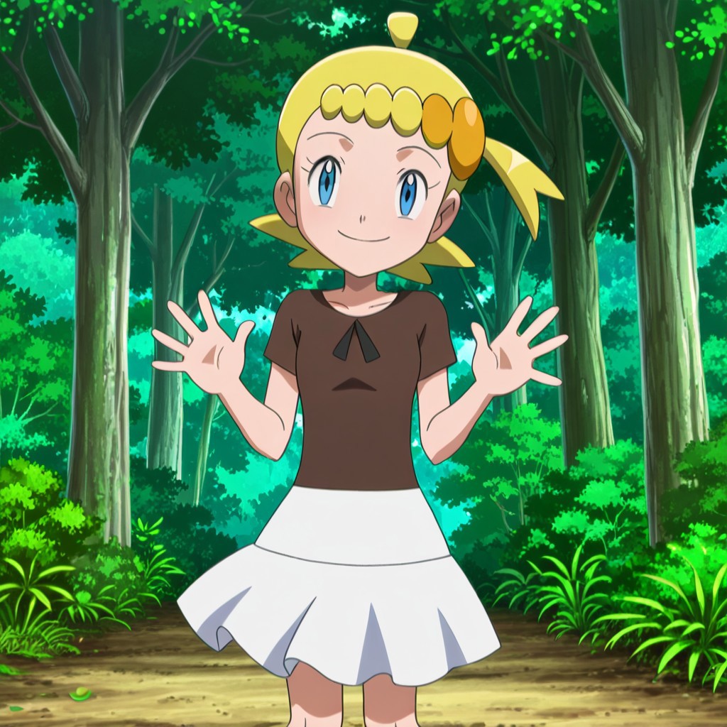 Score_8_up, score_9_up, masterpiece, easynegative, PokemonStyle, 1girl, solo, zzBonnie, bonnie_(pokemon), blue eyes, ahoge, blonde hair, hair ornament, short hair, side ponytail, brown shirt, white skirt, (hands, five fingers), smiling, (standing, front view), (day, tree, wind, green leaves, forest),