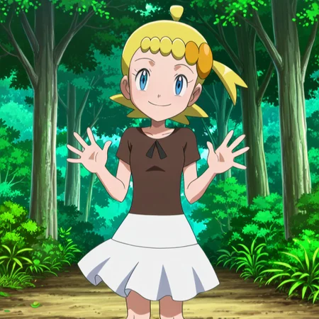 Score_8_up, score_9_up, masterpiece, easynegative, PokemonStyle, 1girl, solo, zzBonnie, bonnie_(pokemon), blue eyes, ahoge, blonde hair, hair ornament, short hair, side ponytail, brown shirt, white skirt, (hands, five fingers), smiling, (standing, front view), (day, tree, wind, green leaves, forest),