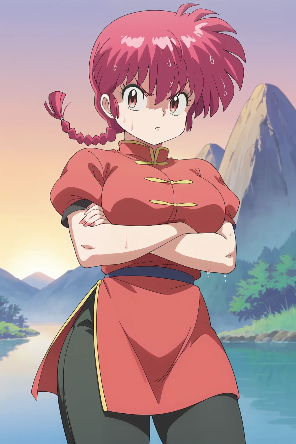 score_9, score_8_up, score_7_up, source_anime, aesthetic, intricate details, 1girl BREAK
<lora:ranma_2024_style:1> ranma2024_style, anime coloring, flat color, retro artstyle, ranma 1/2, ranma-chan, red eyes, red hair, large breasts, makeup, single braid, red hanfu, chinese clothes, black pants, standing, on_water, (wet:1.3), lake, nature, mountain, outdoors, sunset, angry, looking at viewer, from below, angry, crossed arms, cowboy shot,