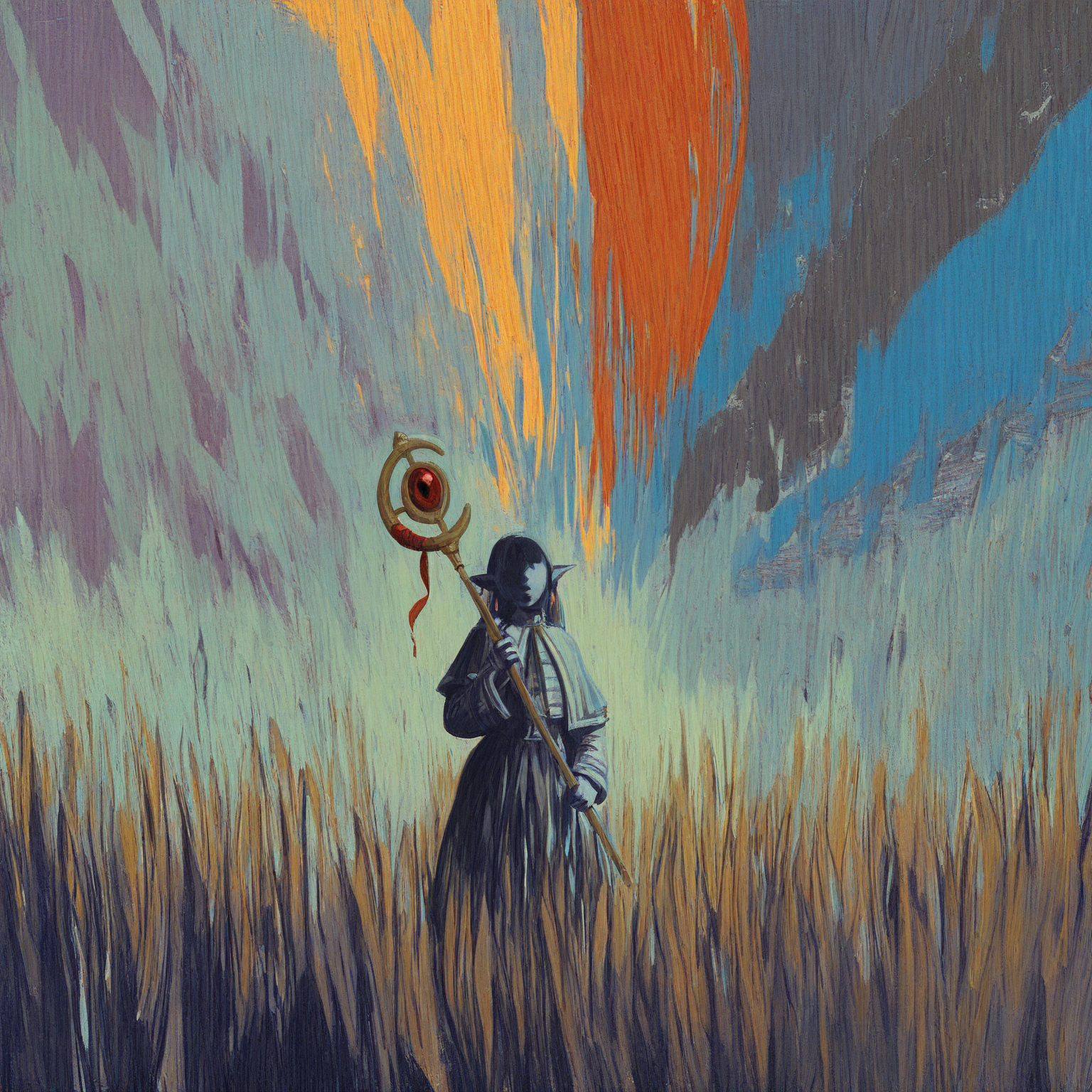 best quality, masterpiece, highly detailed, highres, 1girl, frieren, no eyes, shaded face, mage staff, mage outfit,
beams of light cascading around the panorama, painterly, abstract, surreal, surrealism, by artstation illustration, colorful character art,
style of disco elysium, <lora:DiscoElysium Illustrious 0.1:1>