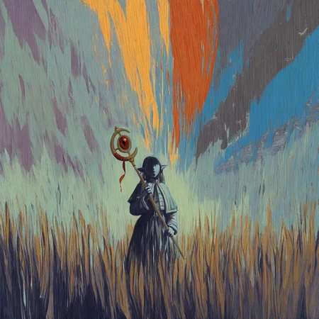 best quality, masterpiece, highly detailed, highres, 1girl, frieren, no eyes, shaded face, mage staff, mage outfit,
beams of light cascading around the panorama, painterly, abstract, surreal, surrealism, by artstation illustration, colorful character art,
style of disco elysium, <lora:DiscoElysium Illustrious 0.1:1>