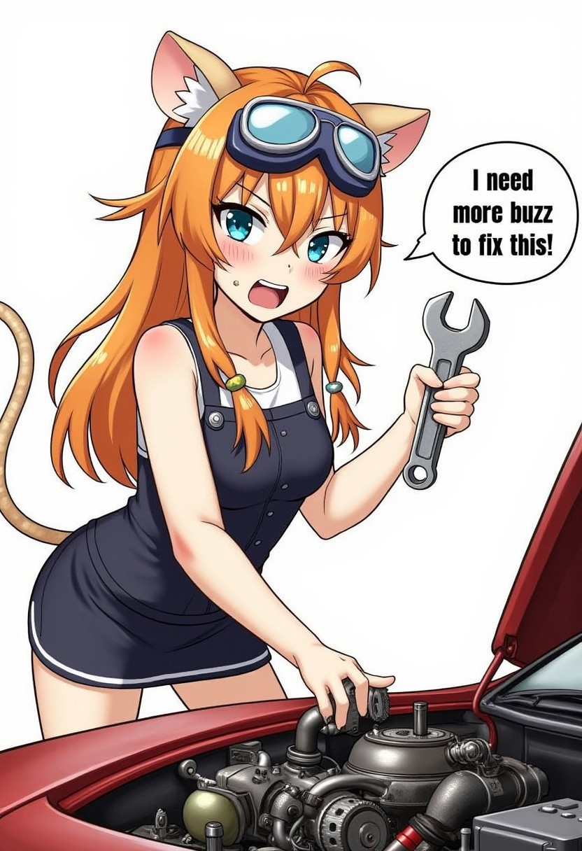 best quality, masterpiece,  <lora:CARTOON_gadget_hackwrench_ownwaifu:0.8> CARTOON_gadget_hackwrench_ownwaifu,
1girl, furry female, long hair, orange hair, blue eyes, bangs, sidelocks, buck teeth, animal ears, mouse ears, animal nose, mouse tail, body fur, tail, goggles, goggles on head, eyewear on head, Hands in air holding a wrench Posing over a car with the hood open showing her working on the engine , Highlighted speech bubble with text: "I need more buzz to fix this!", buzz generation, begging for buzz, angry at the car, frustrated
