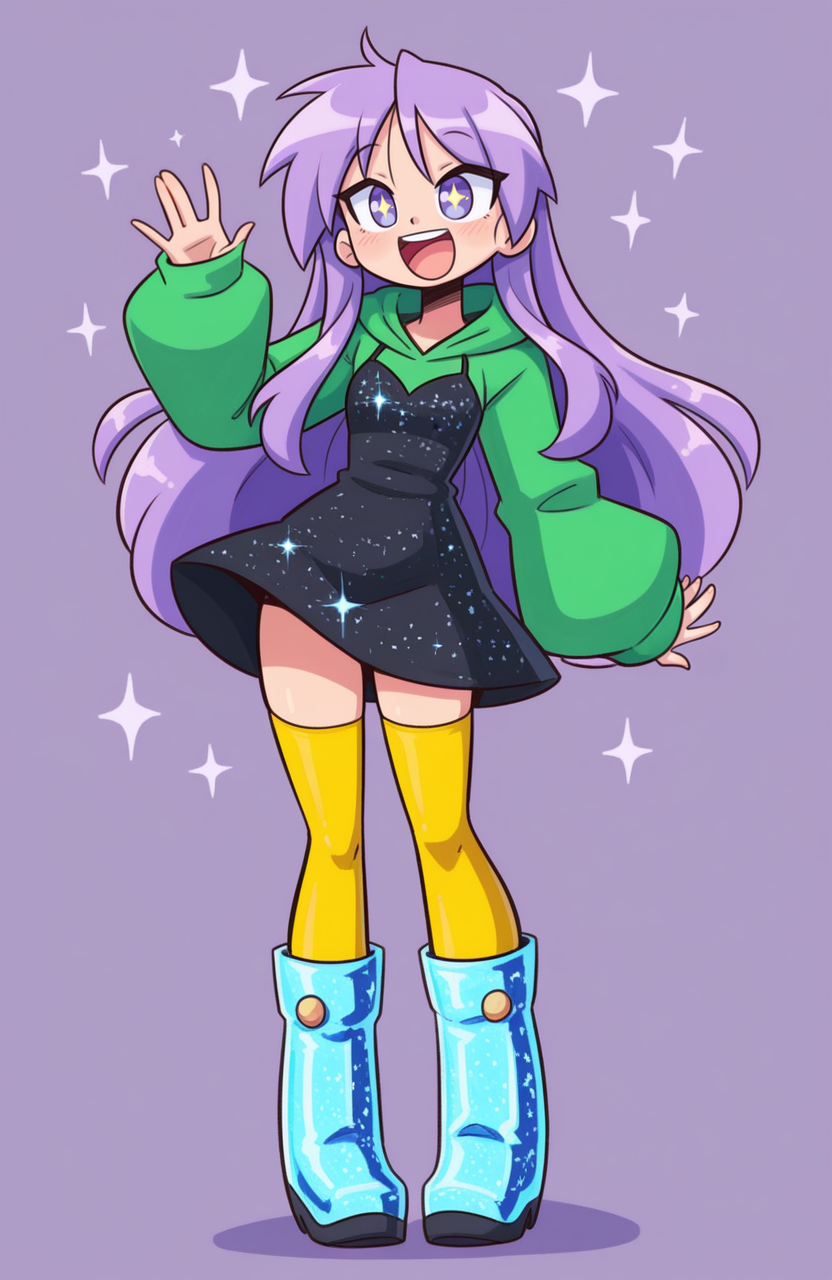 1girl, solo,
hiiragi kagami, purple hair, purple eyes, long hair, green hooded sweater, sleeves past wrists, long sleeves, black dress, glitter dress, yellow sheer thighhighs, blue fur boots, standing, one hand raised, wide smile, sparkling eyes, joyful pose,
<lora:shadowhawx95:1> shadhawx,, extremely detailed, highres, masterpiece, best quality