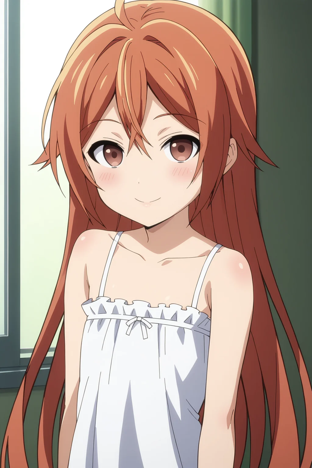 score_9, score_8_up, score_7_up, source anime, prefect lighting, very aesthetic, BREAK, anime screencap, anime coloring,
<lora:aihara_enju_v1-pony6:0.9>, 1girl, aihara enju, black bullet, orange hair, long hair, straight hair, flat chest,
BREAK, looking at viewer, light smile, blush, portrait, white nightgown,
BREAK,