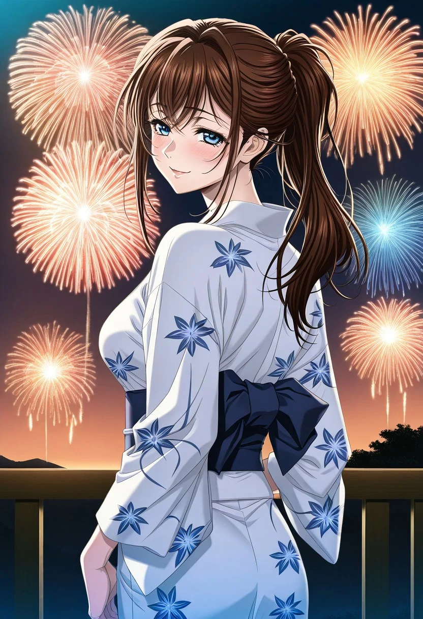 masterpiece, best quality, newest, highres, uncensored, 1girl, yokota mamoru style,1girl, slender face，motion lines,blush,torogao,looking at the viewer,seductive smile
Asai Sayaka,Brown Hair, Ponytail,Blue Eyes,Medium Breasts, Slim,long hair
1girl,solo
fireworks, japanese clothes, kimono, from behind,night, hetero, aerial fireworks, yukata