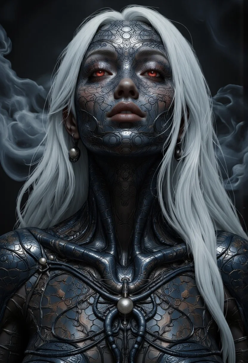 An extreme closeup portrait for an enigmatic and otherworldly woman with intricately textured metallic skin, their face and body adorned with elaborate biomechanical patterns that ripple like living armor. The figure's piercing crimson eyes glow with an intense, otherworldly energy, contrasting sharply with the cool, dark tones of their neck and face. Long, silver-white hair cascades down their back, enhancing their ethereal and alien appearance. The smoky, illuminated background emphasizes their enigmatic presence, evoking a sense of mystery and power.