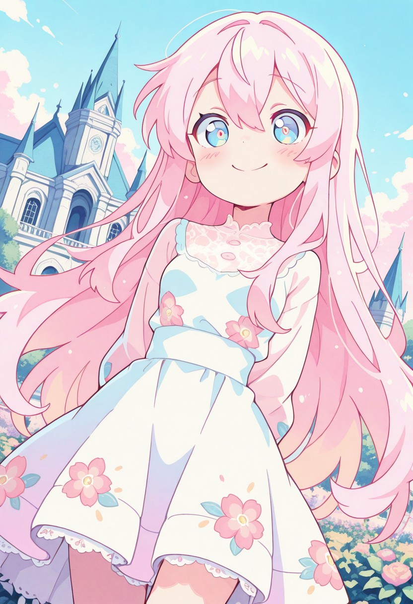 score_9, score_8_up, score_8, pastel colors, highly detailed, masterpiece, source_anime, cinematic light, (cute:1.2), (adorable:1.2), best quality, amazing quality, studio anime, official style, masterpiece, anime screencap, anime style, dynamic composition, dynamic angle, dramatic lighting, very awa, rich and vibrant colors, cute, ray tracing, best quality, rating_cute, 1girl, very long hair, blue eyes, hair between eyes, pink hair, small breasts, slim body, slim waist, dress, floral print, long sleeves, shy smile, discreet, blush, lace shirt, hands behind back, outdoors, garden, palace, masterpiece, best quality, amazing quality, very aesthetic, absurdres, newest, scenery,