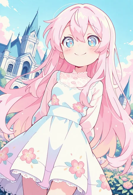 score_9, score_8_up, score_8, pastel colors, highly detailed, masterpiece, source_anime, cinematic light, (cute:1.2), (adorable:1.2), best quality, amazing quality, studio anime, official style, masterpiece, anime screencap, anime style, dynamic composition, dynamic angle, dramatic lighting, very awa, rich and vibrant colors, cute, ray tracing, best quality, rating_cute, 1girl, very long hair, blue eyes, hair between eyes, pink hair, small breasts, slim body, slim waist, dress, floral print, long sleeves, shy smile, discreet, blush, lace shirt, hands behind back, outdoors, garden, palace, masterpiece, best quality, amazing quality, very aesthetic, absurdres, newest, scenery,