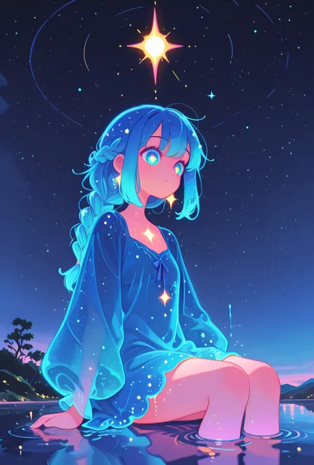 masterpiece, best quality, good quality, newest, highres, absurdres,  vivid colors, flat color, 2D, strong lines, Pop Art, high_quality, moonlit_night, soft_glow, fantasy_vibes. 1girl, sitting_on_a_rock, facing_the_starry_sky, long_blue_hair, flowing_braid, glowing_aqua_eyes, gentle_expression, ethereal_dress, lake_reflection, misty_trees, mystical_vibes, surreal_lighting, cinematic_depth, dreamlike_composition <lora:TQ_Iridescent_Fantasy_Creations:0.8> <lora:MJ52:0.5> <lora:xl_more_art-full_v1:1> <lora:114558v4df2fsdf5:1>  <lora:illustrious_very_aesthetic_v1:0.5> <lora:XXX477:0.2>  <lora:sowasowart_style:0.3>   <lora:illustrious_flat_color_v2:0.6>  <lora:haiz_ai_illu:0.7>  <lora:checkpoint-e18_s306:0.75>