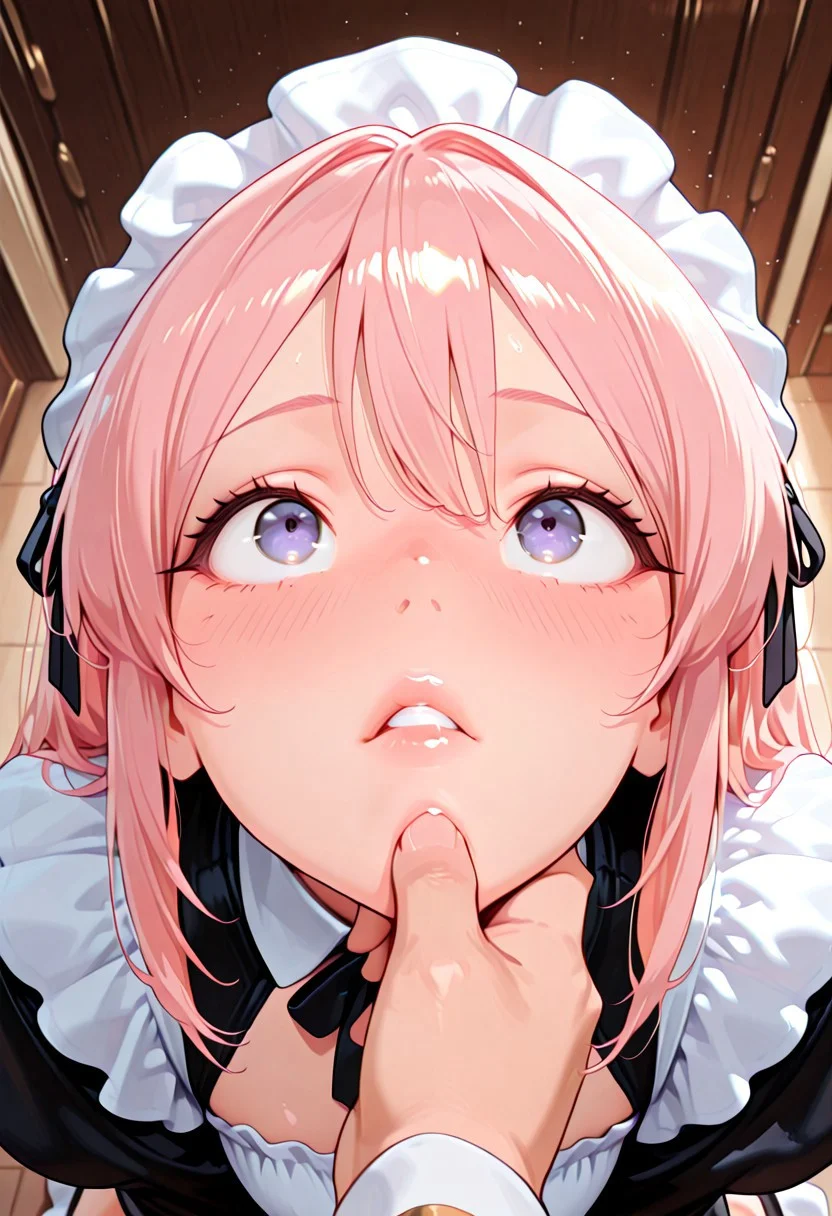 1girl/1boy, general, solo, CivChan, lips parted, caressing lips, deep blush, top view, looking up at viewer, POV, chin hold, holding arms, masterpiece